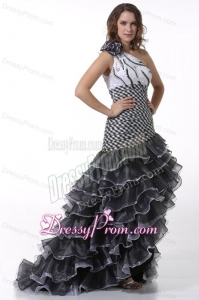 White and Black One Shoulder High-Low Prom Dress with Ruffled Layers