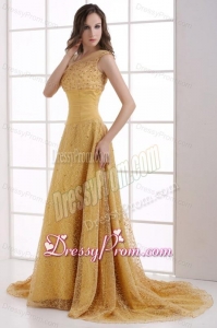 A-line Lace One Shoulder Ruching Court Train Gold Prom Dress