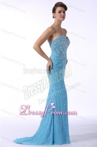 Aqua Blue Mermaid Sweetheart Brush Train Prom Dress with Beading