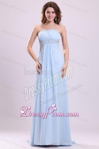 Blue Empire Strapless Brush Train Beading Chiffon Prom Dress with Backless