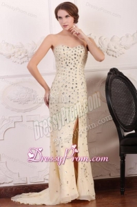 Champagne Sweetheart Column Court Train Rhinestone and Silt Prom Dress