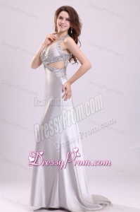 Column Gray Ruching Appliques Halter Top Brush Train Prom Dress