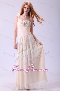 Column One Shoulder Beading Chiffon Long Champagne Prom Dress