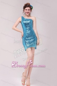 Column Teal One Shoulder Sequin Mini-length Prom Dress