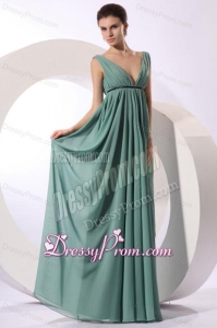 Empire V-neck Floor-length Light Blue Ruching Chiffon Prom Dress