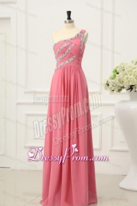 Empire Watermelon One Shoulder Beaded Decorate Full Length Prom Dress
