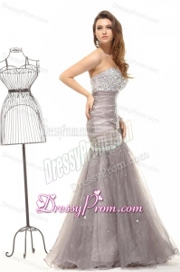 Mermaid Gray Sweetheart Beading and Ruching Organza Long Prom Dress