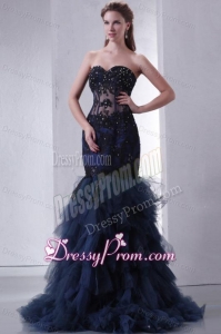 Navy Blue Mermaid Sweetheart Prom Dress with Appliques and Beading