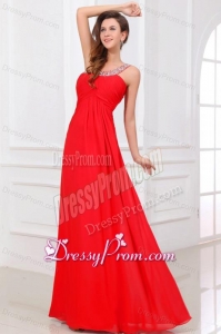 Sexy Red Empire One Shoulder Long Chiffon Beading Prom Dress with Criss Cross