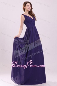 Simple Purple Empire V-neck Ruching Floor-length Chiffon Prom Dress