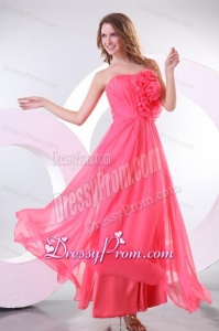 Strapless Flowers Decorate Brust Empire Long Prom Dress with Ruche