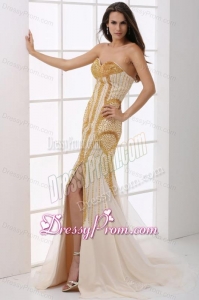 Sweetheart Column Champagne Beaded Decorate Prom Dress