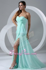 Aqua Blue High Slit Sexy Prom Dress with Flowers and Ruching