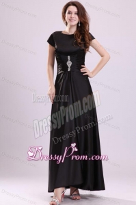 Bateau Black Beading Empire Ankle-length Prom Dress with Short Sleeves