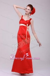 Cheap Column Straps Floor-length Taffeta Sashs Red Prom Dress
