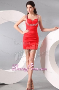 Column Straps Beading and Ruching Short Red Prom Dress