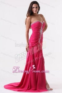 Column Sweetheart Beading and Ruching Hot Pink Long Prom Dress