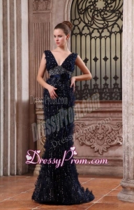 Column V-neck Navy Blue Brush Train Sequins Beading Prom Dress