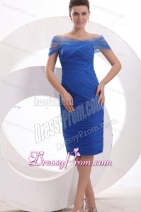 Knee-length Column Off The Shoulder Prom Dress in Blue