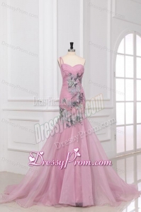 Mermaid One Shoulder Appliques Organza Court Train Pink Prom Dress