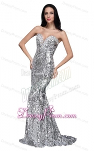 Mermaid Silver Sequins Sweetheart Beading Brush Train Prom Dress