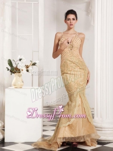 Mermaid Straps Champagne Appliques and Beading Brush Train Prom Dress