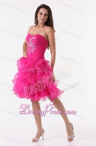 Princess Hot Pink Ruffles Beading Ruching Knee-length Prom Cocktail Dress