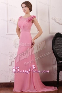 Rose Pink Empire V-neck Court Train Prom Dress with Flowers