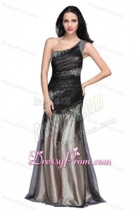 Sexy Column One Shoulder Ruching Criss Cross Black Tulle Prom Dress