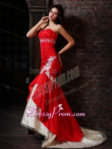 Sexy Mermaid Strapless Brush Train Red Appliques Prom Dress with Lace Up
