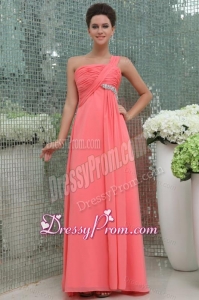 Watermelon Red One Shoulder Ruching Beading Floor-length Prom Dress