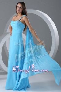 Watteau Train Aqua Blue Empire One Shoulder Prom Dress with Beading
