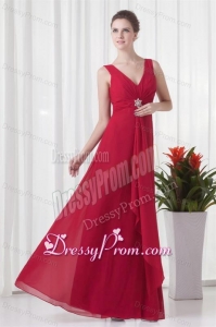 2014 Cheap Empire V-neck Chiffon Red Beading Prom Dress