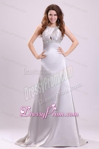 A-line Gray Straps Beading and Ruching Brush Train Prom Dress