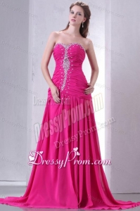 A-line Sweetheart Beading and Ruche Chiffon Prom Dress in Hot Pink