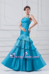 Affordable One Shoulder Taffeta Beading and Ruching Blue Prom Dress