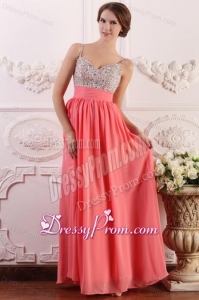 Beaded Decorate Brust Straps Empire Chiffon Watermelon Prom Dress