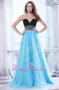 Beaded Decorate Waist Sweetheart Black and Aqua Blue Prom Dress