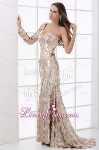Champagne One Shoulder Lace Long Sleeve Prom Dress with Sequins
