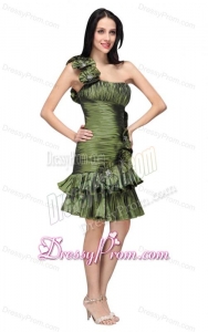 Column Olive Green One Shoulder Hand Made Flower Ruching Prom Dress