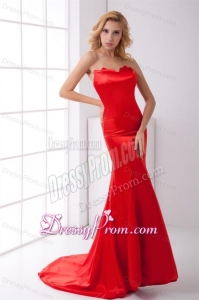 Column Sweetheart Red Brush Train Ruching Prom Dress