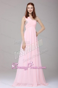 Empire One Shoulder Chiffon Beading Brush Train Prom Dress in Baby Pink