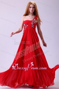 Empire One Shoulder Chiffon Red Prom Dress Beading Floor-length