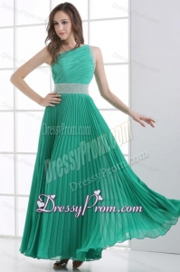 One Shoulder Green Empire Ankle-length Beading and Pleats Prom Dress