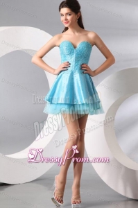 Princess Light Blue Sweetheart Mini-length Beading Prom Dress