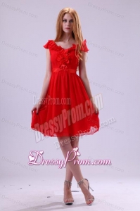 Red A-line V-neck Prom Dress with Flowers Knee-length