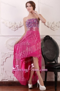 Rhinestone and Beading Strapless High-low Chiffon Hot Pink Prom Dress