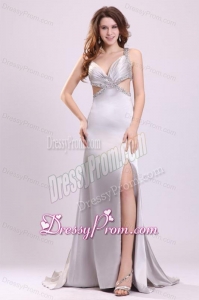 Sexy Column V neck Grey Watteau Train Beading Elastic Woven Satin Prom Dress