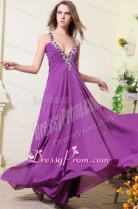 Sexy V-neck Empire Chiffon Beaded Decorate Prom Dress in Purple