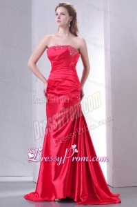 Strapless Coral Red A-line Sweep Train Beaded Decorate Prom Dress